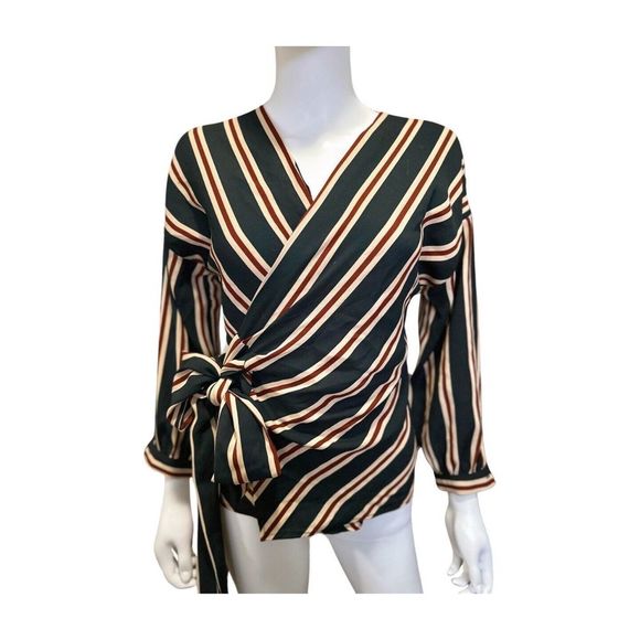 Zara Basic Collection Womens Blouse Wrap Size XS Red Blue Cream Tie Front - Picture 6 of 8